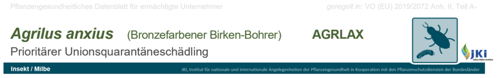 Beispiel für die Bezeichnung des Schädlings und der Schädlingskategorie, die Rechtsgrundlage und Zugehörigkeit zur Schädlingsgruppe